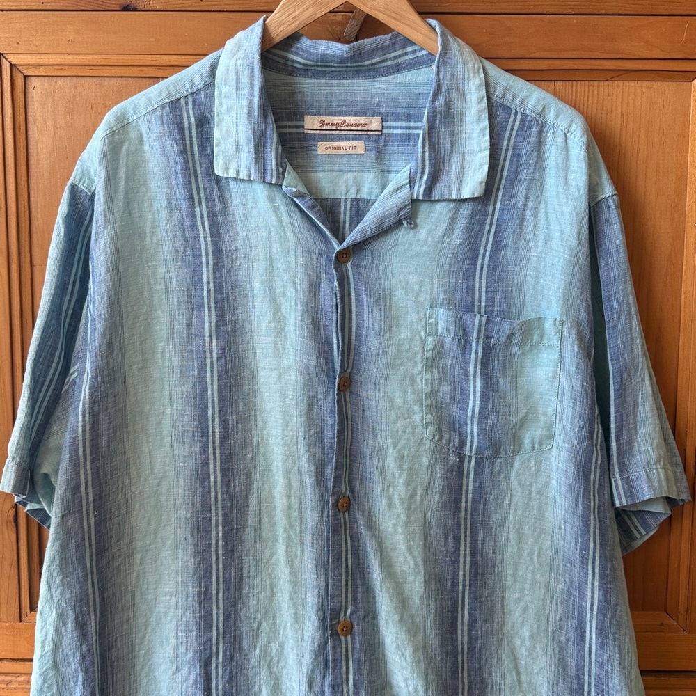Tommy Bahama Original Fit 100% Linen Camp Shirt, XL, generous fit, blue/aqua